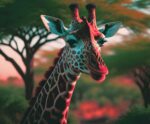 A close-up of a giraffe with a blurred background of trees and sunset light.