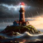 A lighthouse standing tall on a rocky island amidst crashing waves and stormy skies, with raindrops falling in a dramatic scene.