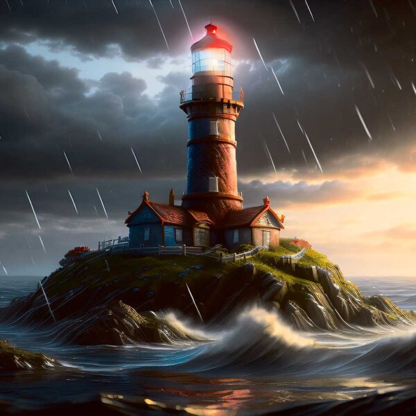 A lighthouse standing tall on a rocky island amidst crashing waves and stormy skies, with raindrops falling in a dramatic scene.