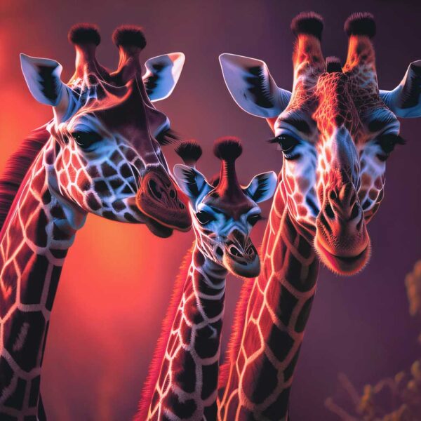 Three giraffes standing together in a vibrant sunset background.