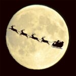 Silhouette of Santa and reindeer flying across the full moon, a festive scene perfect for display in an LED Box Frame.