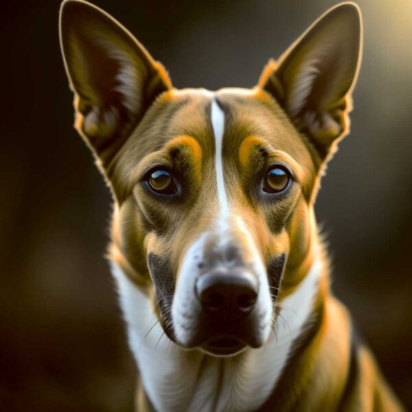 Close-up portrait of a Basenji dog with alert ears and glowing golden light on its face