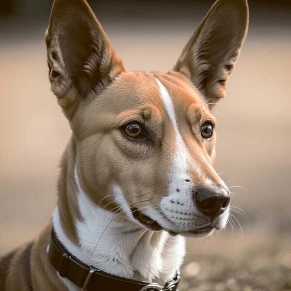 Close-up portrait of a Basenji dog with upright ears, almond-shaped eyes, and a smooth short coat