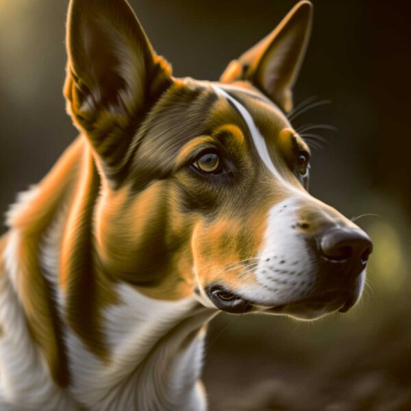 Side profile of a Basenji dog with alert ears and soft golden light highlighting its smooth coat