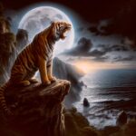 Tiger roaring on cliff under full moon with dramatic ocean and cloudy night sky