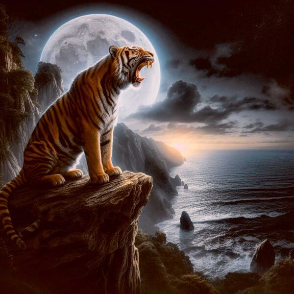 Tiger roaring on cliff under full moon with dramatic ocean and cloudy night sky