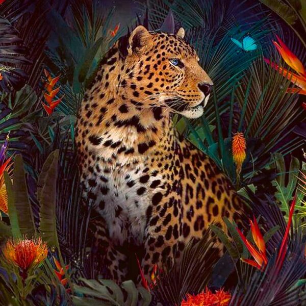 Leopard in vibrant jungle with tropical leaves, orange flowers, and blue butterfly