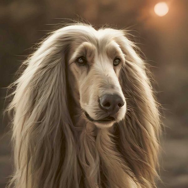Elegant portrait of an Afghan Hound with long, flowing hair, ideal for display in an LED Box Frame to enhance your home decor.