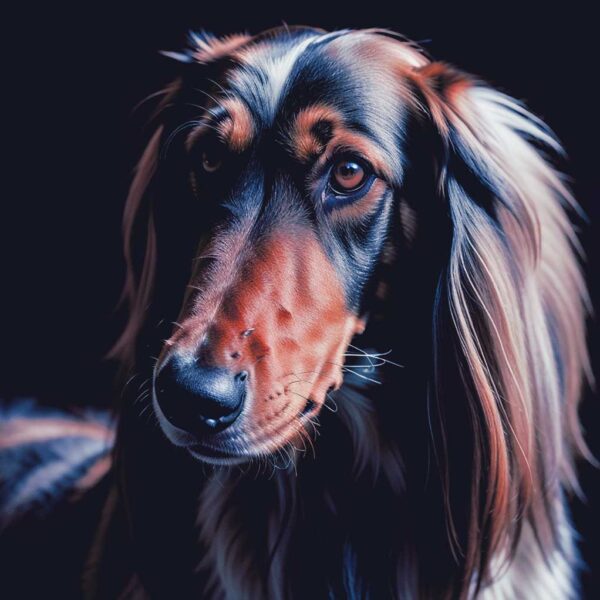 Stunning portrait of an Afghan Hound with long flowing hair, illuminated by an LED Box Frame to add elegance to your home decor.