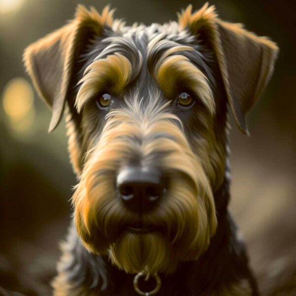 Close-up image of a charming Airedale Terrier, displaying its distinct fur texture and gentle expression, beautifully framed with LED light for an elegant home decor piece.