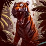 Majestic roaring tiger in a lush jungle, enhanced with customizable LED Box Frame lighting for bold, captivating home decor.