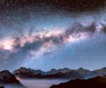 Stunning Milky Way galaxy over misty mountain landscape, enhanced with customizable LED Box Frame lighting for a captivating home decor piece.