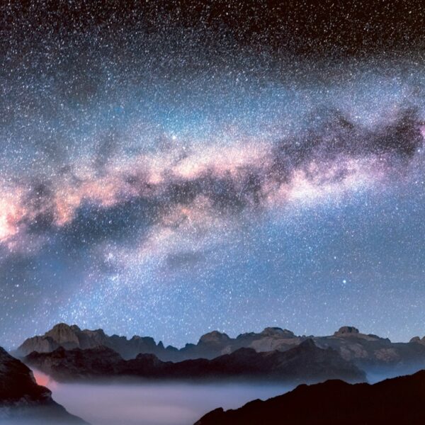 Stunning Milky Way galaxy over misty mountain landscape, enhanced with customizable LED Box Frame lighting for a captivating home decor piece.