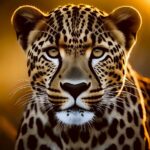 Majestic leopard staring fiercely with golden background lighting