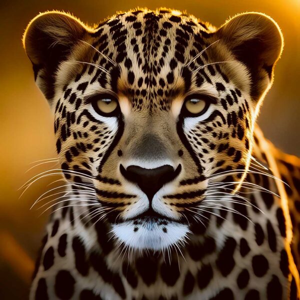 Majestic leopard staring fiercely with golden background lighting