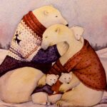 Polar bear family bundled in cozy scarves, showcasing LED art display perfect for home decor.