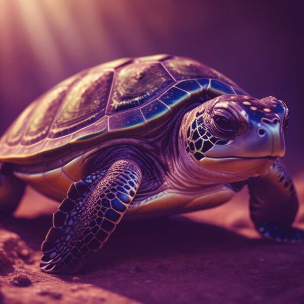 Underwater sea turtle with a cosmic-patterned shell basking in soft sunlight