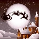 Snowy Christmas scene with Santa on a sleigh and reindeer flying across the moon, designed for an LED Box Frame.