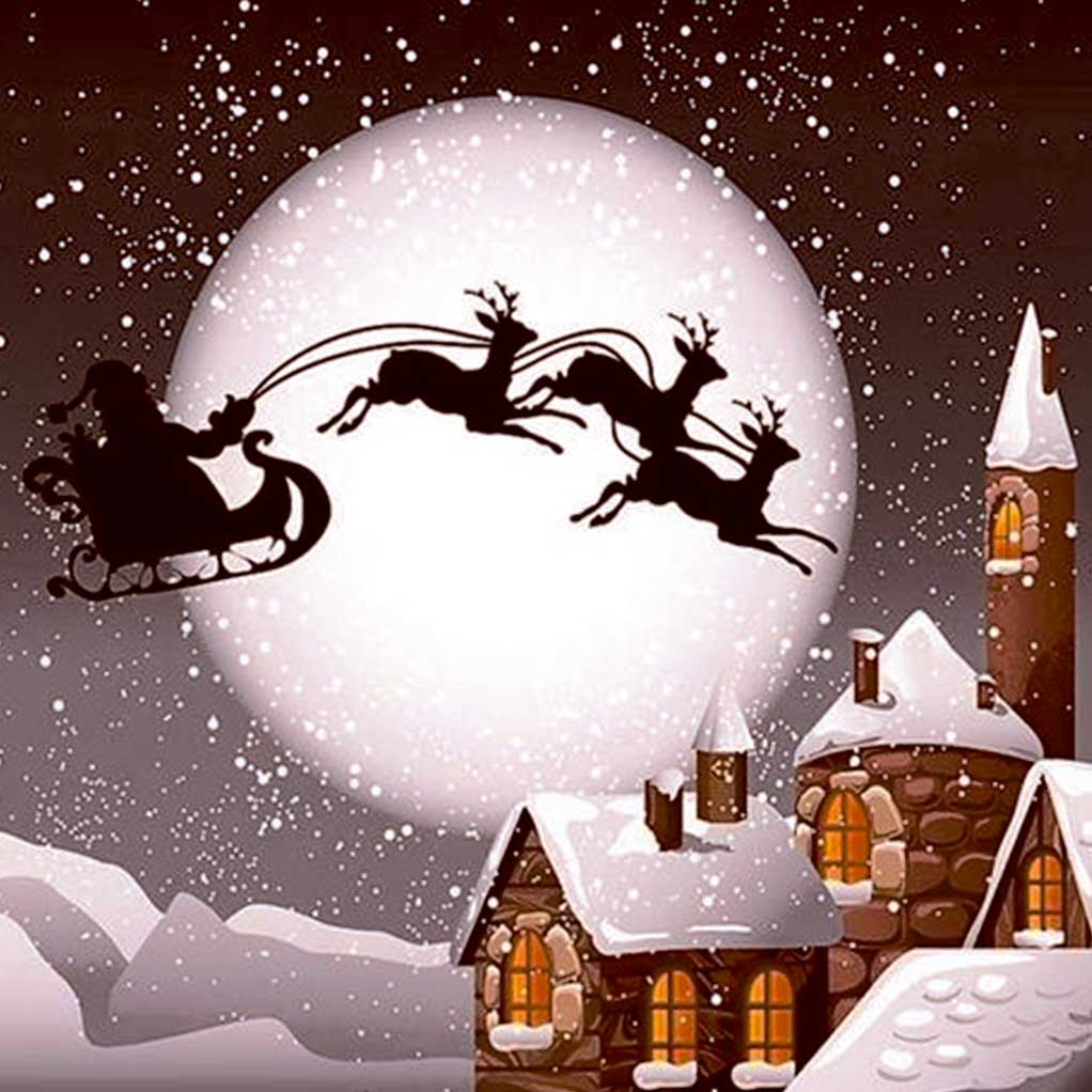 Snowy Christmas scene with Santa on a sleigh and reindeer flying across the moon, designed for an LED Box Frame.