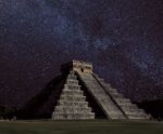 A Mayan pyramid under a breathtaking starry night sky, filled with shimmering constellations
