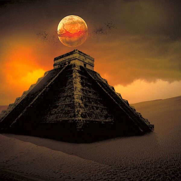 A mystical Mayan pyramid in a desert at sunset with a glowing planet or moon hovering above the structure