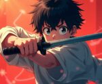 Anime boy with intense eyes holding a katana in front of an orange background