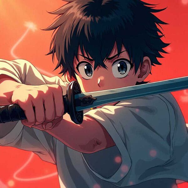 Anime boy with intense eyes holding a katana in front of an orange background