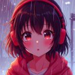 Anime girl in red hoodie and headphones looking up in the rain