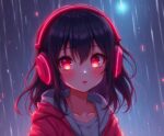 Anime girl with glowing red headphones standing in the rain looking up