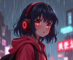 Anime girl in red hoodie with glowing headphones in the rain