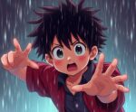 Anime boy with spiky hair reaching out in the rain with a shocked expression