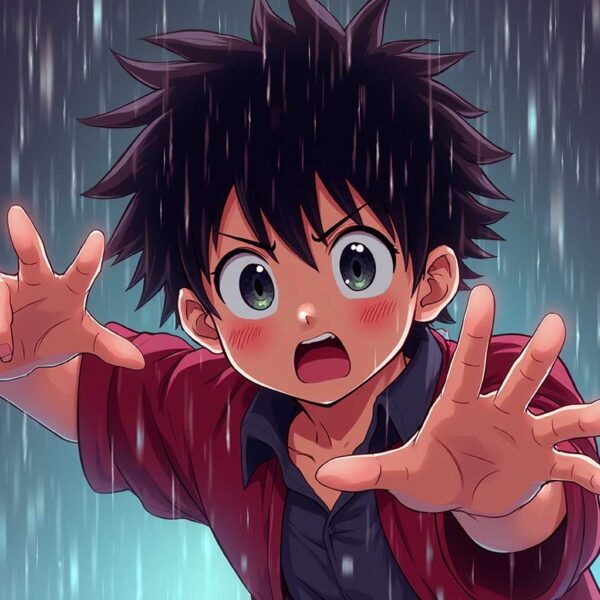 Anime boy with spiky hair reaching out in the rain with a shocked expression