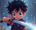 Anime boy with wide eyes holding a glowing katana under heavy rain