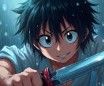 Anime boy with spiky black hair holding a sword in the rain, fierce expression, battle-ready