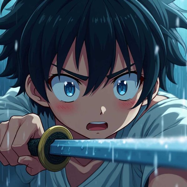 Anime boy with intense blue eyes holding a sword in the rain, battle-ready expression