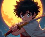 Anime boy with big green eyes holding a sword in battle stance against full moon backdrop