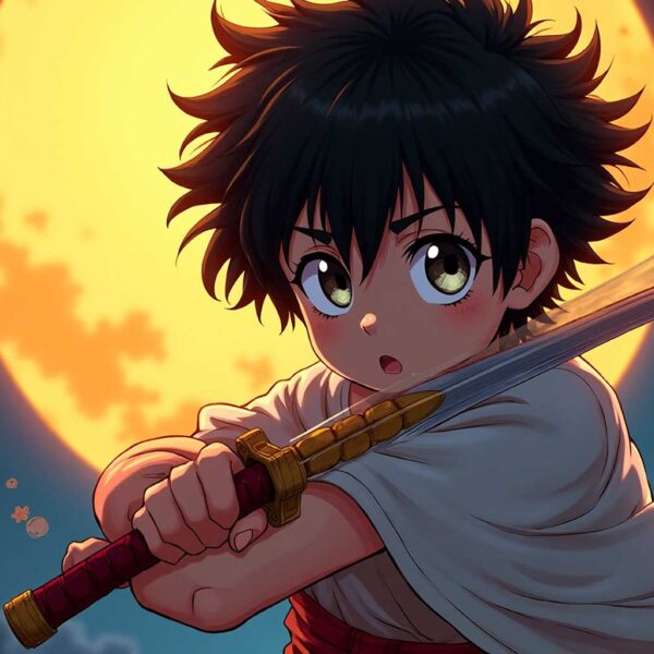 Anime boy with big green eyes holding a sword in battle stance against full moon backdrop