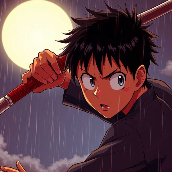 Anime character holding a sword under the moon, depicted in an eco-lit LED Box Frame with customizable lighting.