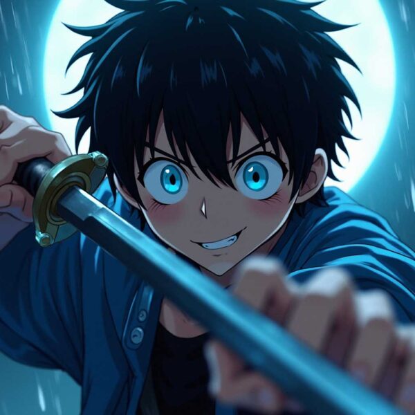 Anime boy with glowing blue eyes holding sword under moonlight in action pose