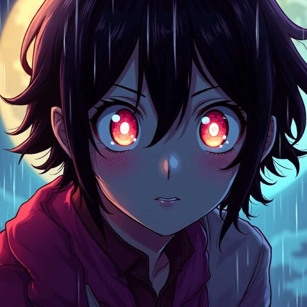 Anime character with glowing eyes under rain and moonlight in dramatic scene