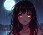Anime girl with glowing red eyes standing in the rain under moonlight