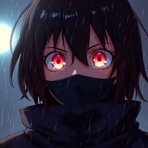 Anime character with glowing red eyes and black face mask under moonlight and rain