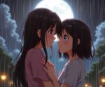 Emotional anime scene of two girls sharing a heartfelt moment under the rain with a full moon glowing in the background
