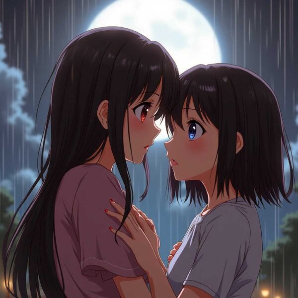 Emotional anime scene of two girls sharing a heartfelt moment under the rain with a full moon glowing in the background