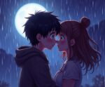 Anime couple sharing a romantic moment under the rain with a glowing full moon in the background