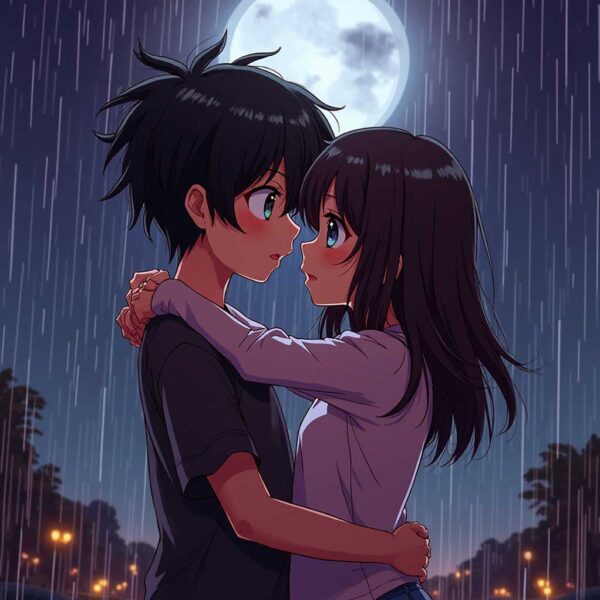 Anime couple sharing a romantic hug in the rain under a moonlit sky