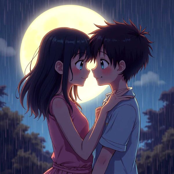 Anime couple shyly embracing in the rain with a full moon in the background