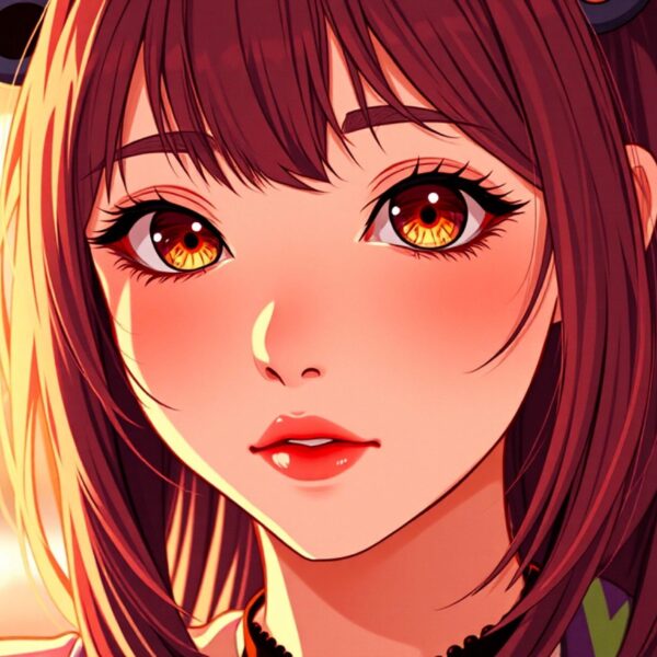 Close-up portrait of anime girl with glowing amber eyes and soft lighting