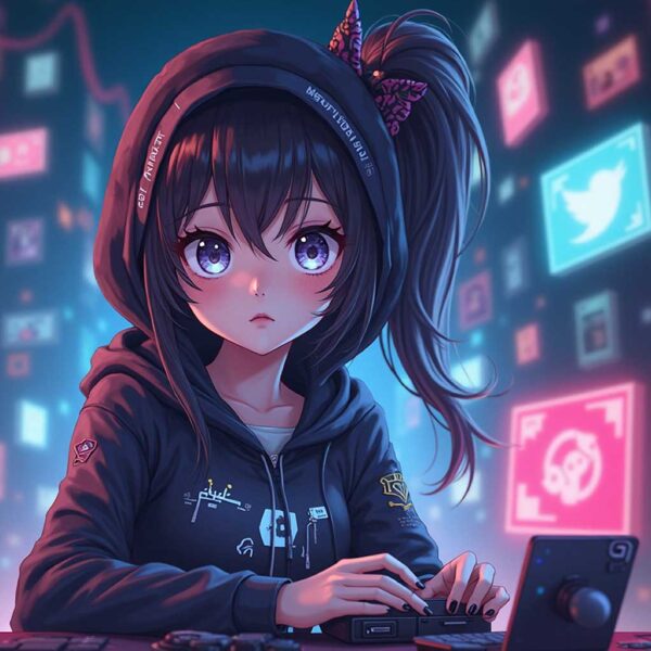 Anime hacker girl with hoodie and cyberpunk headset in neon-lit city interface