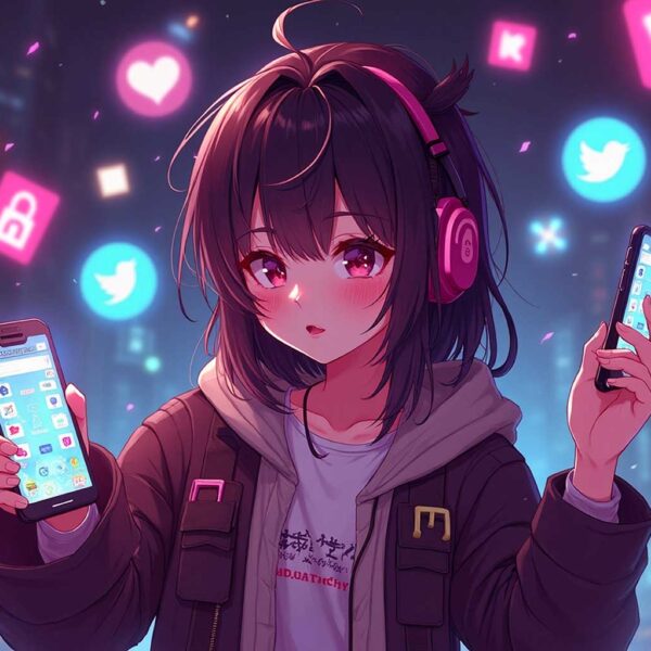 Anime girl hacker with two phones, pink headphones, and floating social icons in neon cityscape